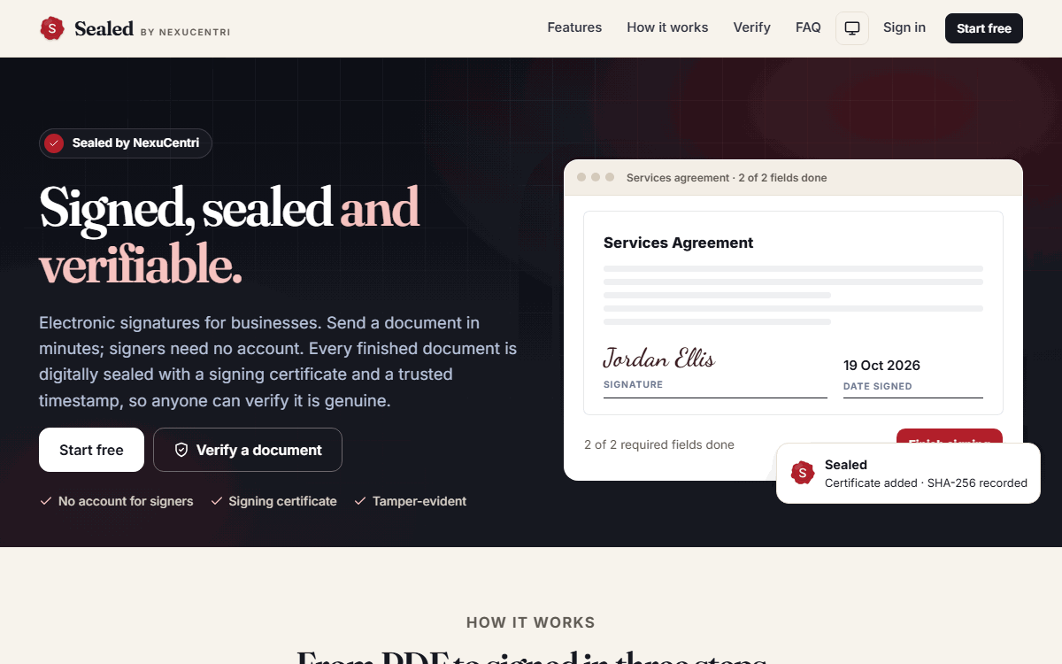 Demo: a company uploads an agreement, adds a signer and an approver, places fields and sends it; the signer draws their signature, the approver approves, the document is sealed, and the sealed copy is verified as genuine.