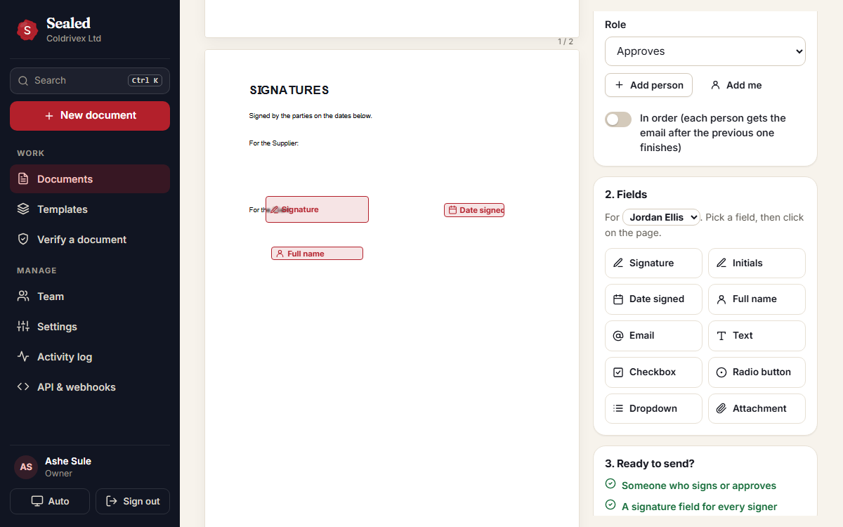 The editor: people with roles on the right, signature, date and name fields placed on the page.