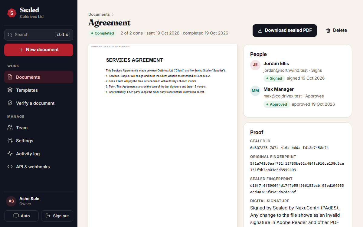 A completed document: people who signed and approved, the proof panel with fingerprints, digital signature and trusted timestamp, and the signing trail.