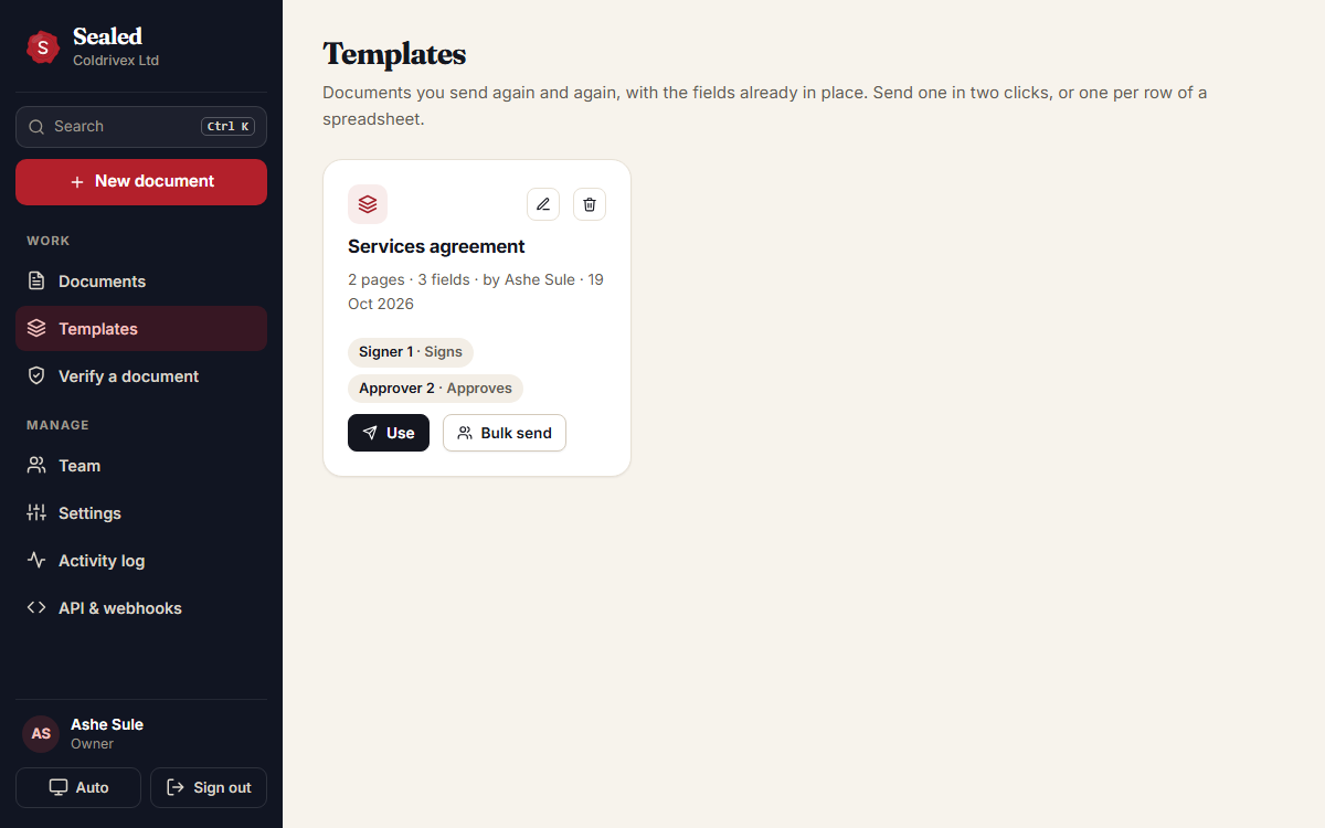 Templates page with a saved services agreement, its roles, and Use and Bulk send buttons.