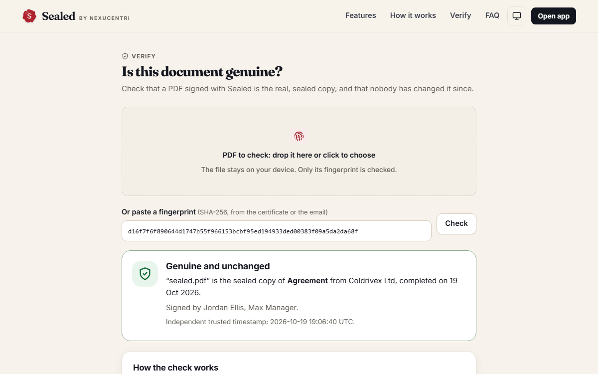 Verify page confirming a sealed PDF is genuine and unchanged, with an independent timestamp.