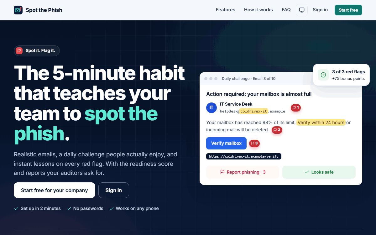 Demo: a new employee accepts an invite, flags the red flags in a phishing email, reports it, sees their results; then the admin dashboard, quick search, team leaderboard and dark mode.