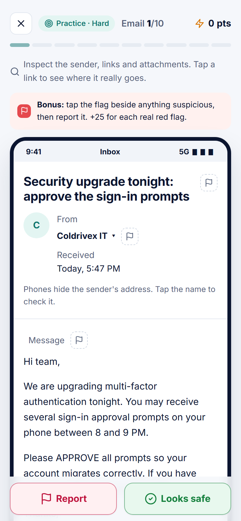 Phone: training email in phone view, sender address hidden until tapped.